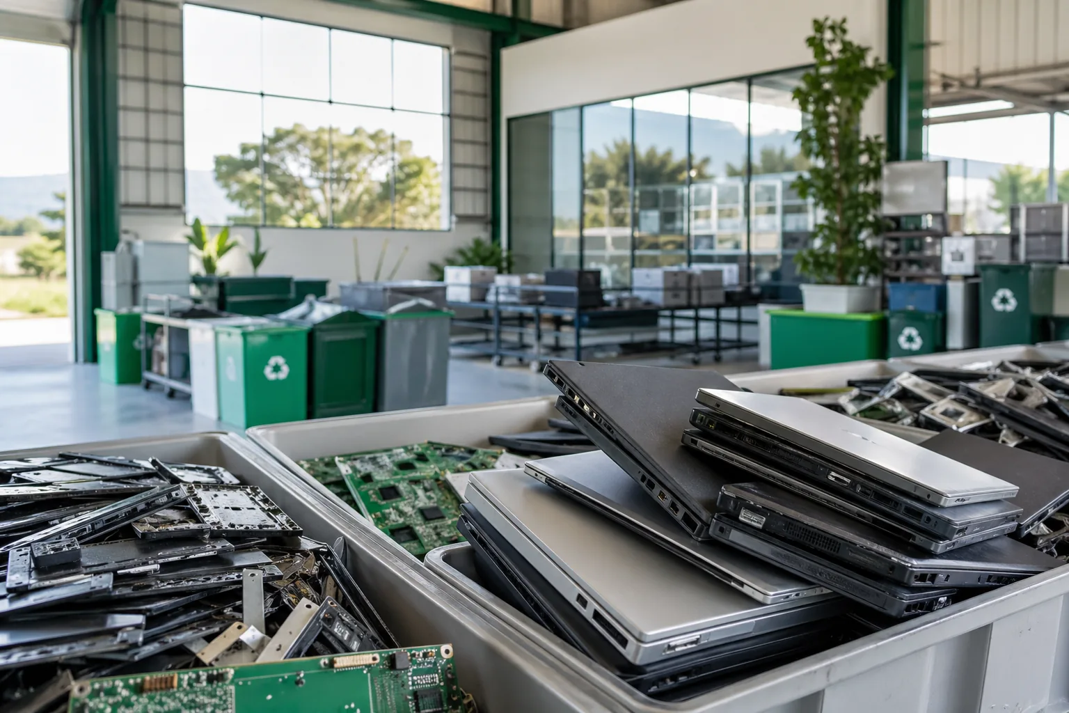 Organized e-waste recycling facility with sorted electronics and recovery bins.