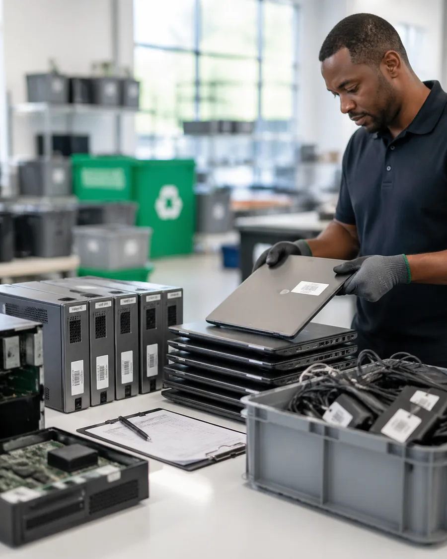 Business IT assets organized for secure end-of-life processing.