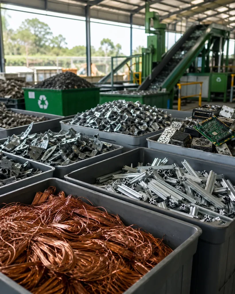Services Sorted copper, aluminium and steel materials in a recycling facility.