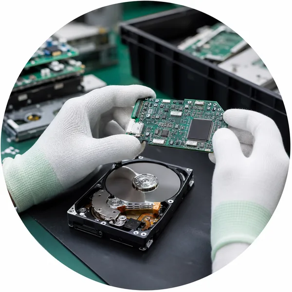 Gloved hands inspecting circuit board and drive components.