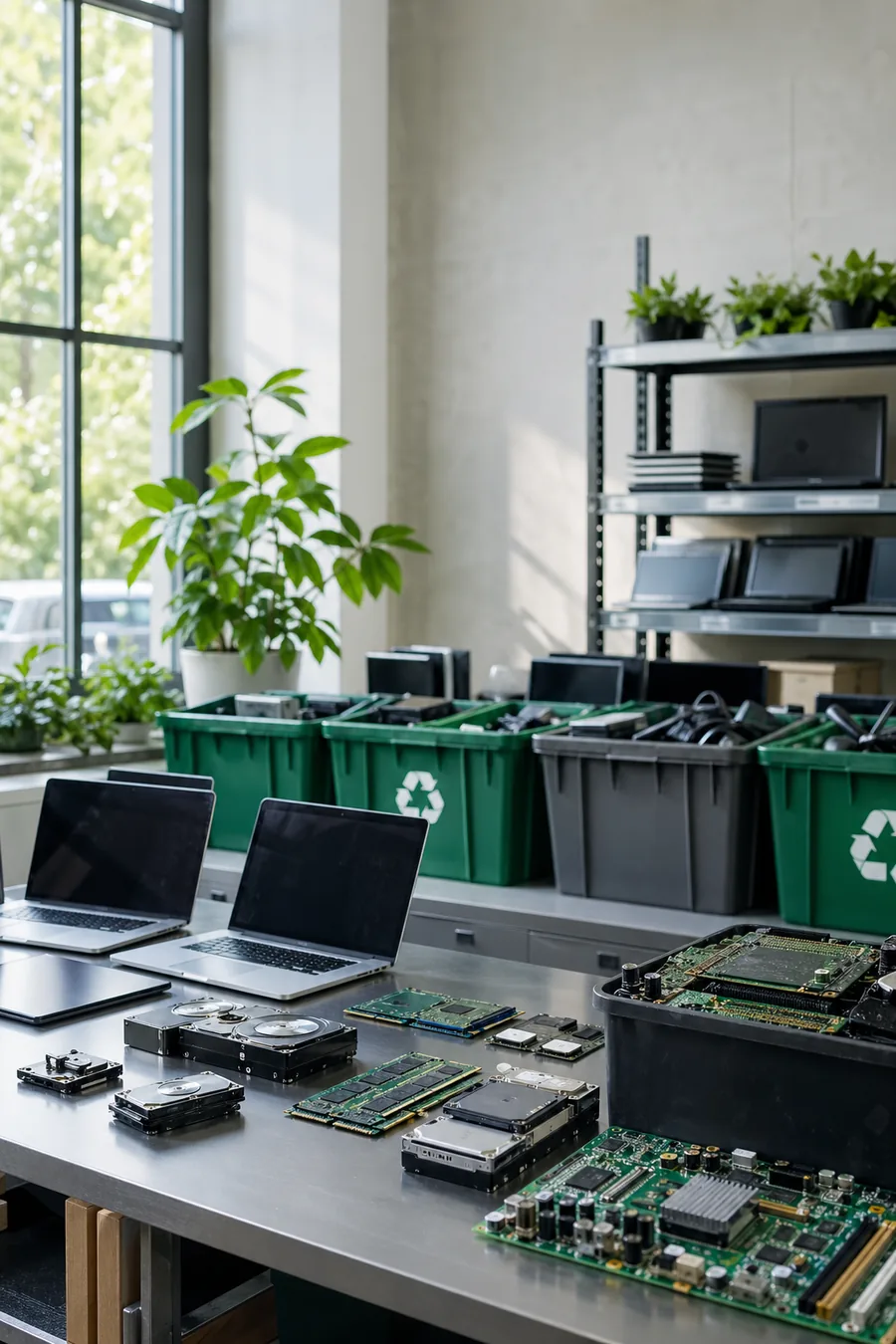Clean e-waste operations area with organized electronics and recycling bins.